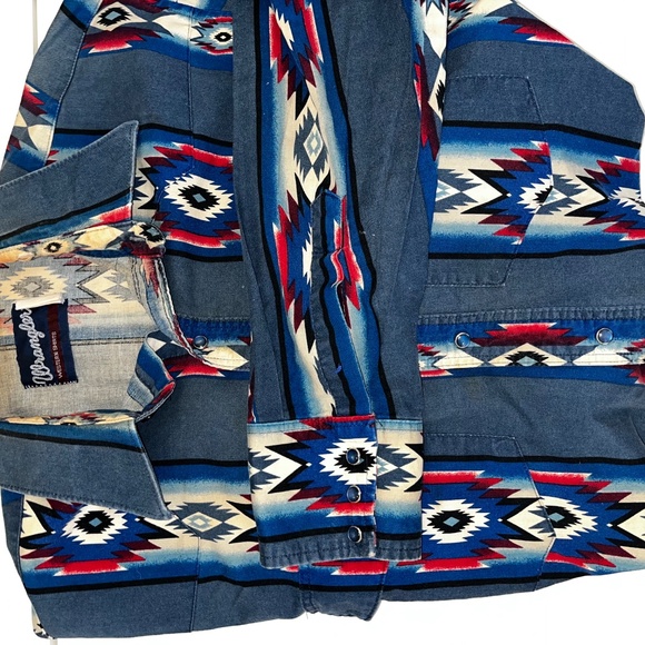 Vintage Wrangler Western Pearlsnap Shirt Blue Patterned Men’s Medium/Large - Picture 3 of 3